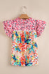 Mixed Print Ruffle Cap Sleeve Round Neck Blouse