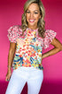 Mixed Print Ruffle Cap Sleeve Round Neck Blouse