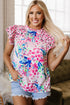 Mixed Print Ruffle Cap Sleeve Round Neck Blouse