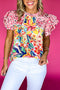 Mixed Print Ruffle Cap Sleeve Round Neck Blouse