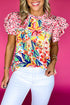 Mixed Print Ruffle Cap Sleeve Round Neck Blouse