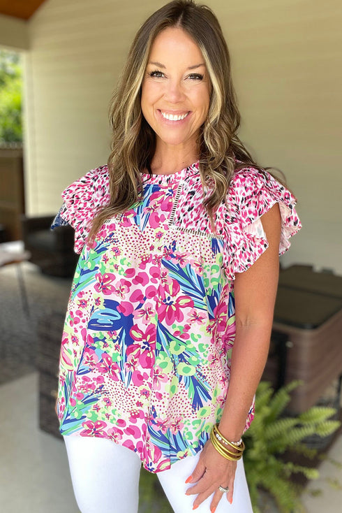 Mixed Print Ruffle Cap Sleeve Round Neck Blouse
