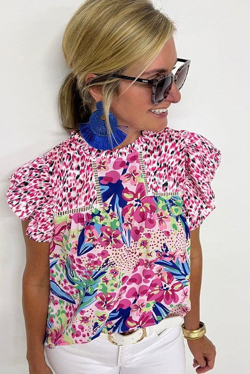 Mixed Print Ruffle Cap Sleeve Round Neck Blouse