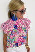 Mixed Print Ruffle Cap Sleeve Round Neck Blouse