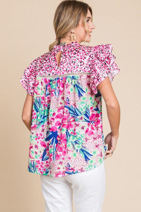 Mixed Print Ruffle Cap Sleeve Round Neck Blouse