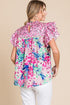 Mixed Print Ruffle Cap Sleeve Round Neck Blouse