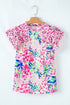 Mixed Print Ruffle Cap Sleeve Round Neck Blouse