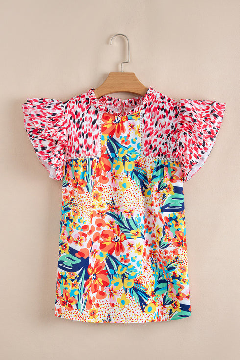 Mixed Print Ruffle Cap Sleeve Round Neck Blouse