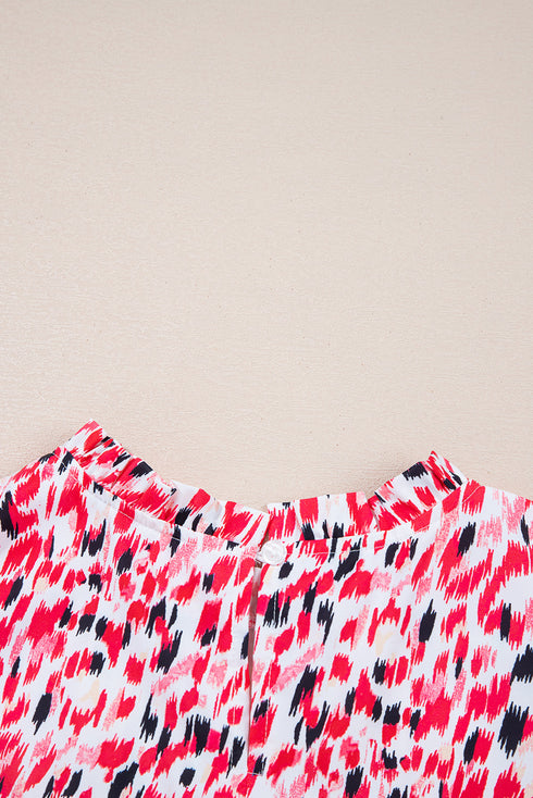 Mixed Print Ruffle Cap Sleeve Round Neck Blouse