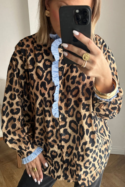Mixed Print Ruffle Placket Long Sleeve Blouse