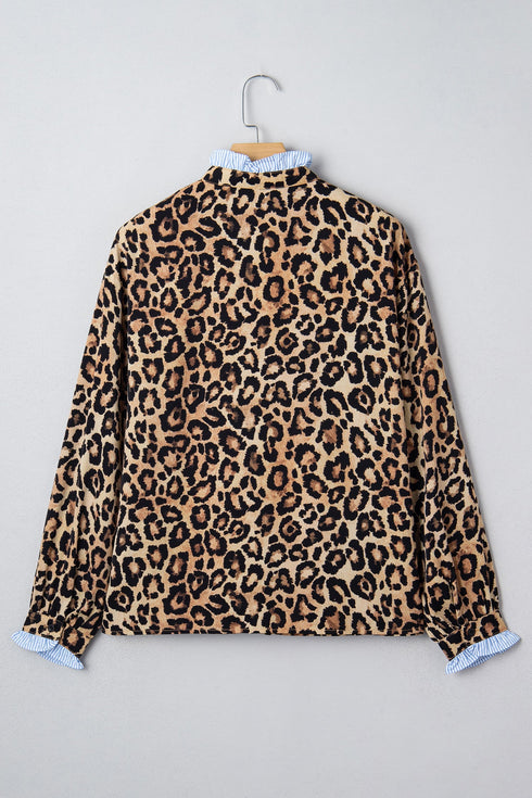 Mixed Print Ruffle Placket Long Sleeve Blouse