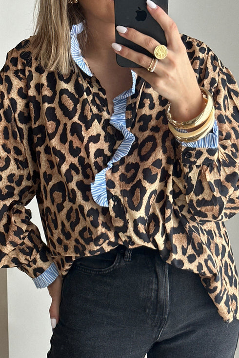 Mixed Print Ruffle Placket Long Sleeve Blouse