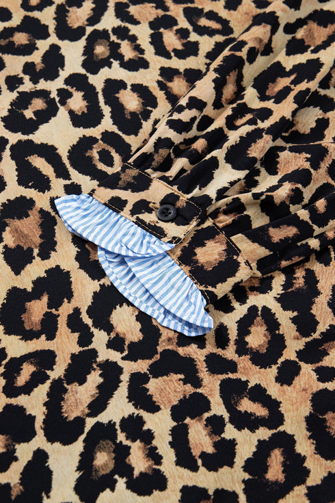 Mixed Print Ruffle Placket Long Sleeve Blouse