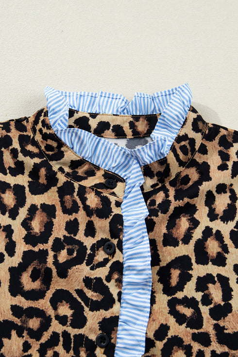 Mixed Print Ruffle Placket Long Sleeve Blouse