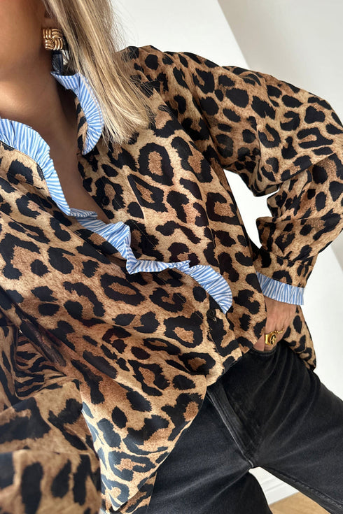 Mixed Print Ruffle Placket Long Sleeve Blouse