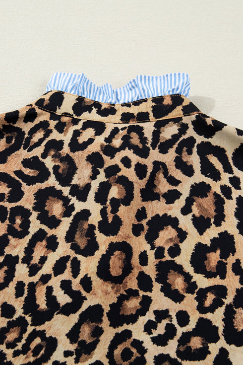 Mixed Print Ruffle Placket Long Sleeve Blouse