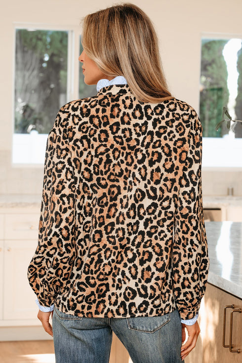 Mixed Print Ruffle Placket Long Sleeve Blouse