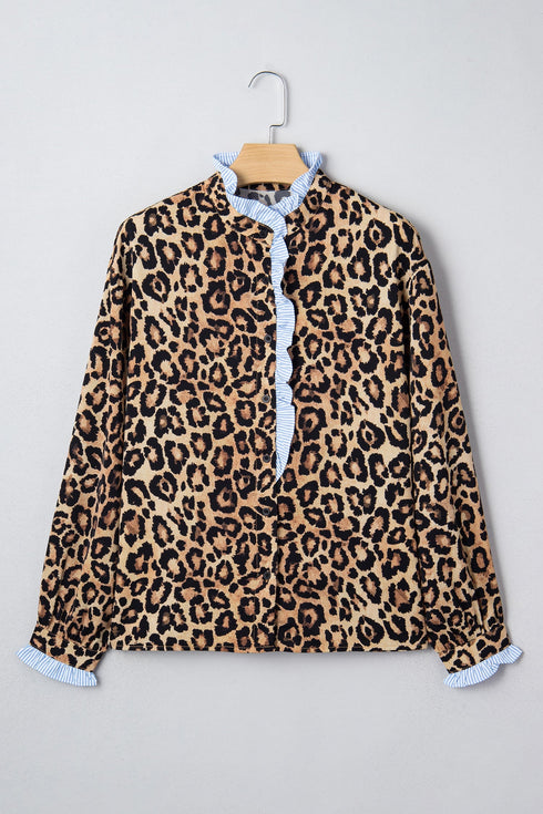 Mixed Print Ruffle Placket Long Sleeve Blouse