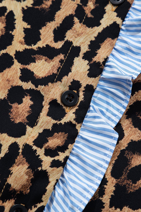 Mixed Print Ruffle Placket Long Sleeve Blouse