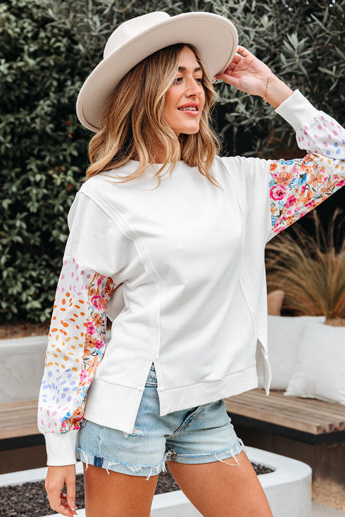 Mixed Print Sleeve Exposed Seam Pullover Sweatshirt
