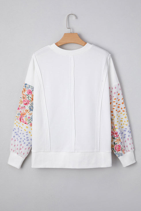 Mixed Print Sleeve Exposed Seam Pullover Sweatshirt