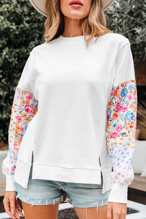 Mixed Print Sleeve Exposed Seam Pullover Sweatshirt