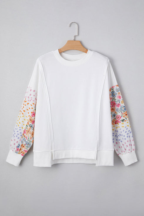 Mixed Print Sleeve Exposed Seam Pullover Sweatshirt