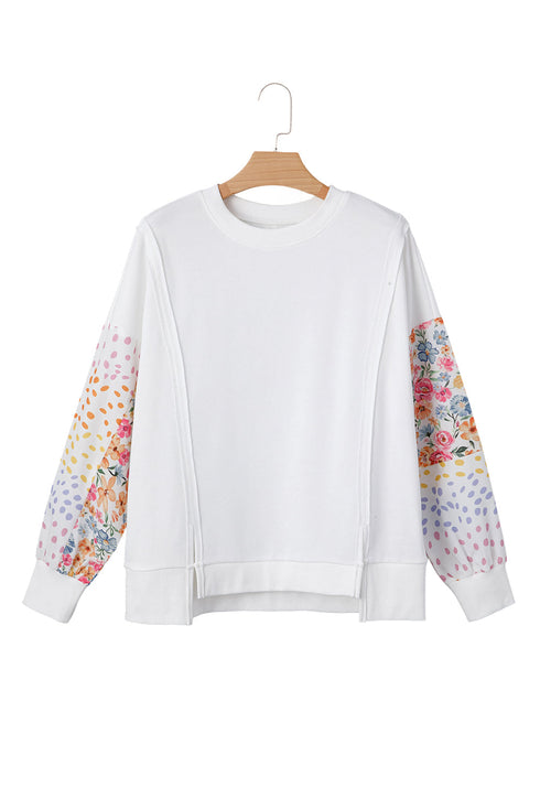Mixed Print Sleeve Exposed Seam Pullover Sweatshirt