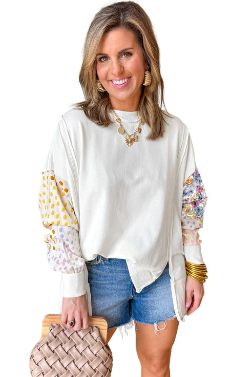 Mixed Print Sleeve Exposed Seam Pullover Sweatshirt