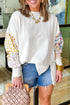 Mixed Print Sleeve Exposed Seam Pullover Sweatshirt