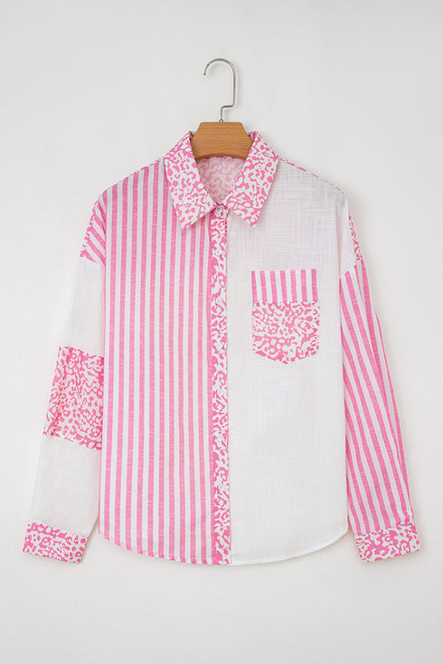 Mixed Print Stripe And Animal Pattern Button Down Shirt