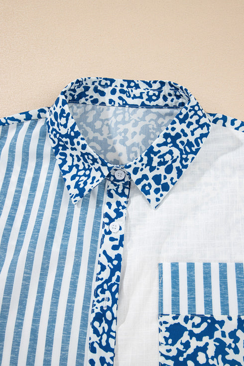 Mixed Print Stripe And Animal Pattern Button Down Shirt