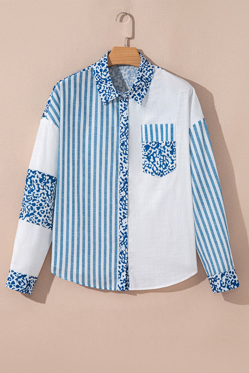 Mixed Print Stripe And Animal Pattern Button Down Shirt