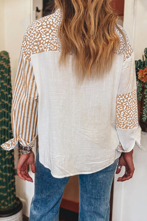 Mixed Print Stripe And Animal Pattern Button Down Shirt