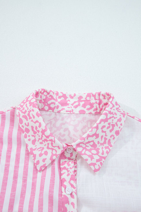 Mixed Print Stripe And Animal Pattern Button Down Shirt