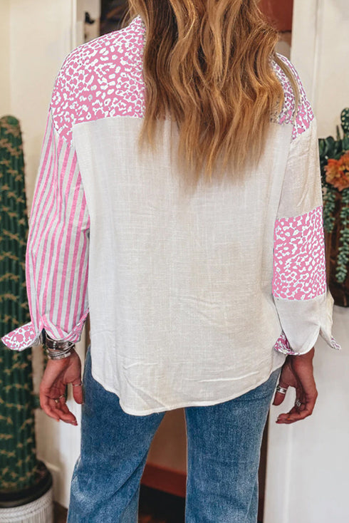 Mixed Print Stripe And Animal Pattern Button Down Shirt