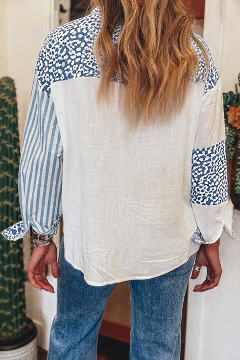 Mixed Print Stripe And Animal Pattern Button Down Shirt