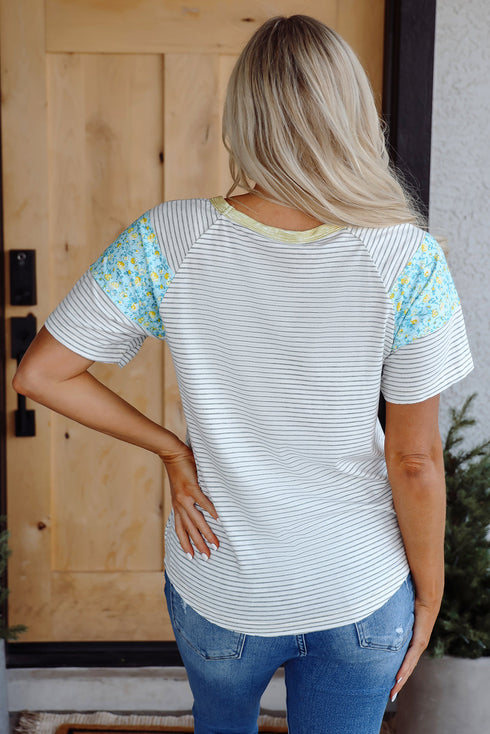 Mixed Print Stripe And Floral Round Neck Tee