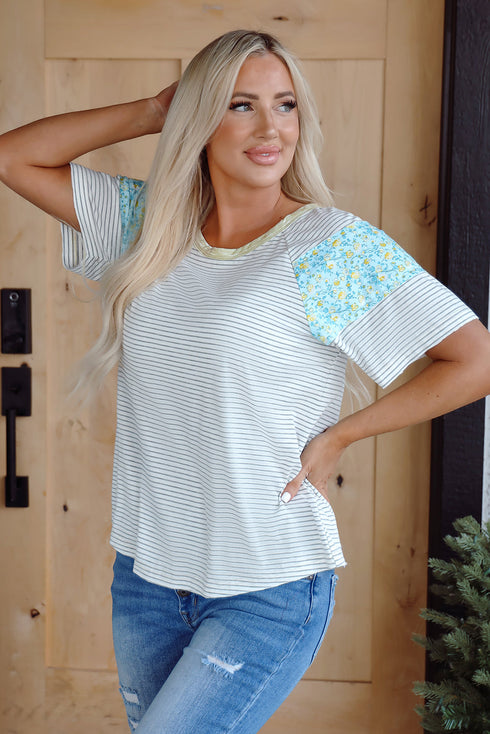 Mixed Print Stripe And Floral Round Neck Tee