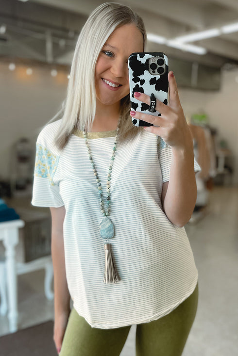 Mixed Print Stripe And Floral Round Neck Tee