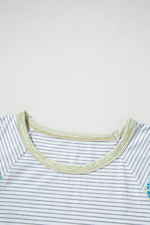 Mixed Print Stripe And Floral Round Neck Tee