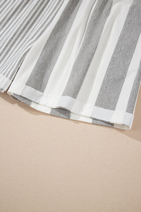 Mixed Print Striped Short Sleeve Pocketed Short Set