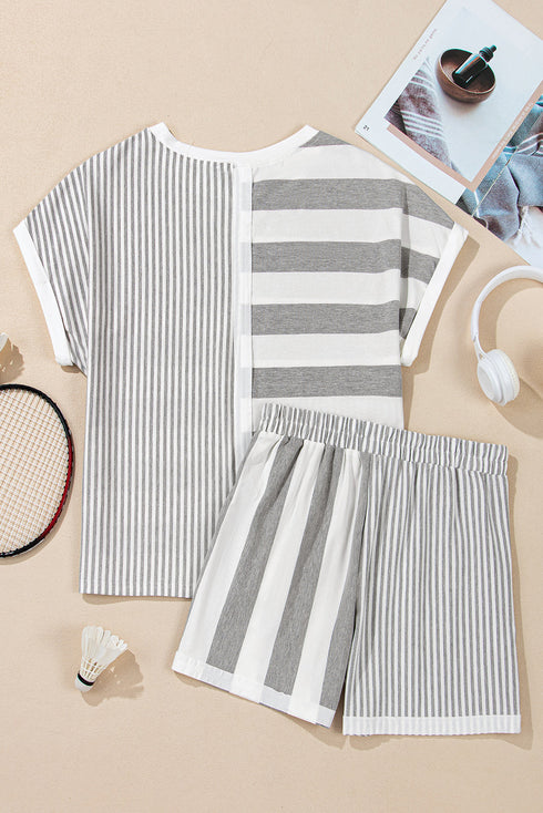 Mixed Print Striped Short Sleeve Pocketed Short Set