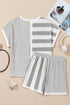 Mixed Print Striped Short Sleeve Pocketed Short Set