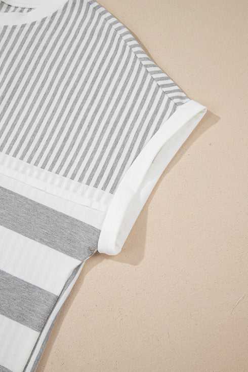 Mixed Print Striped Short Sleeve Pocketed Short Set