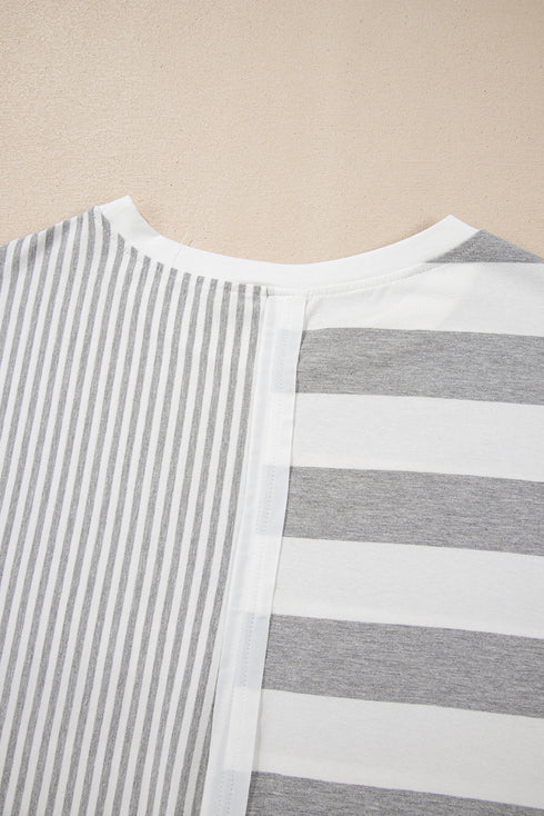 Mixed Print Striped Short Sleeve Pocketed Short Set