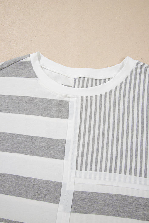 Mixed Print Striped Short Sleeve Pocketed Short Set
