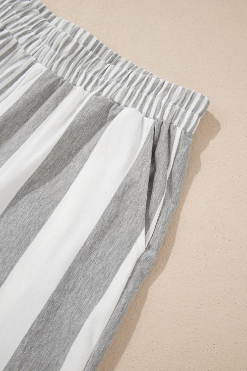 Mixed Print Striped Short Sleeve Pocketed Short Set