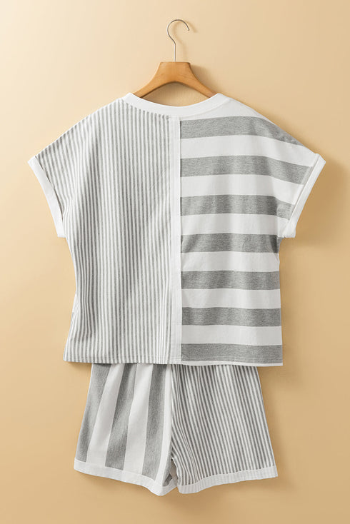 Mixed Print Striped Short Sleeve Pocketed Short Set