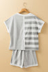 Mixed Print Striped Short Sleeve Pocketed Short Set